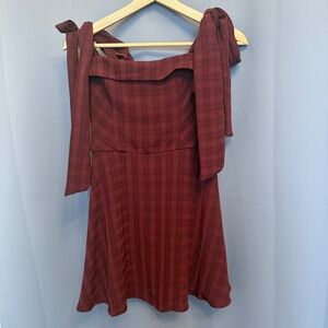 Francescas Burgundy Plaid Tie Shoulder Mini Dress Party Cocktail Cute Size S‎